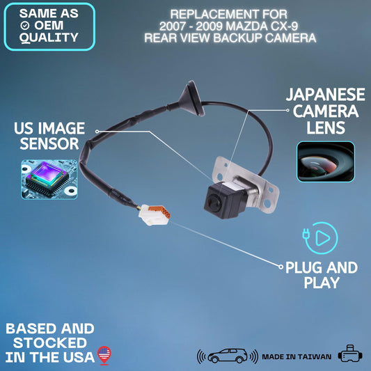 2007 2008 2009 Mazda CX-9 Sport Touring Grand Touring AWD Sport Utility SUV rear liftgate hatch mounted reversing rearview wide angle parking assist backup camera replacement assembly OE TD14-67-RC0A TD1467RC0A Taiwan made direct fit OEM style rear view camera