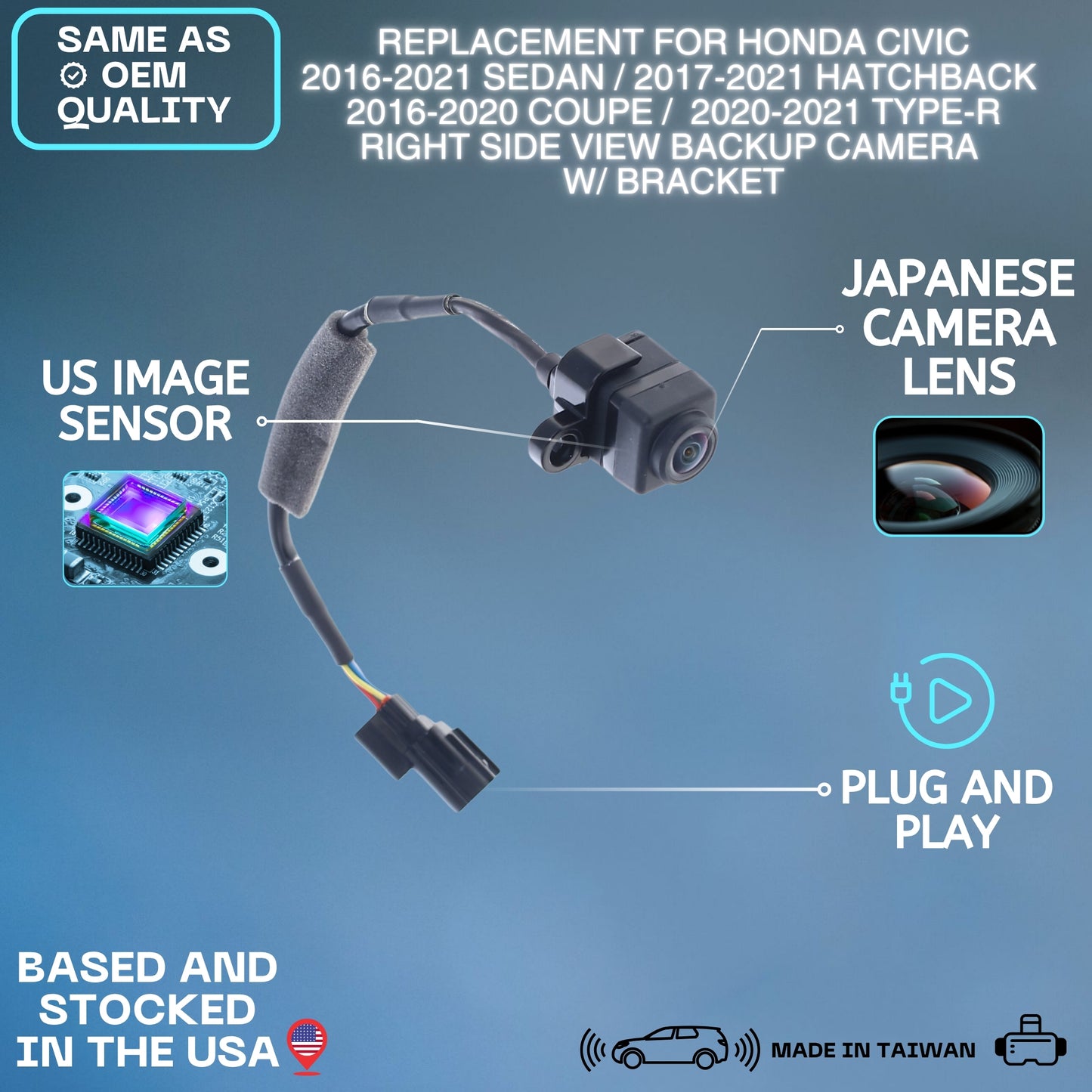 Right Side View Backup Camera Replaces for Honda Civic 2016-2021 Sedan / 2017-2021 Hatchback 2016-2020 Coupe / 2020-2021 Type-R OE Part # 36580TBAA01 36580TBGA01 36580-TBA-A01 36580-TBG-A01