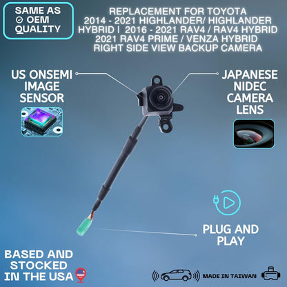 Right Side View Backup Camera Replaces for 2014-2021 Toyota Highlander/Highlander Hybrid | 2016-2021 RAV4 / RAV4 Hybrid | 2021 RAV4 Prime | 2021-2022 Venza Hybrid OE Part # 867900E100 8679048160