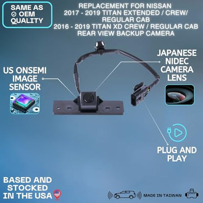Backup Camera Replaces for Nissan 2017-2019 Titan Regular Cab/XD Extended Cab/XD Regular Cab | 2016-2023 Titan XD Crew Cab | 2017-2023 Titan Crew Cab/Extended Cab OE Part # 28442-EZ01A