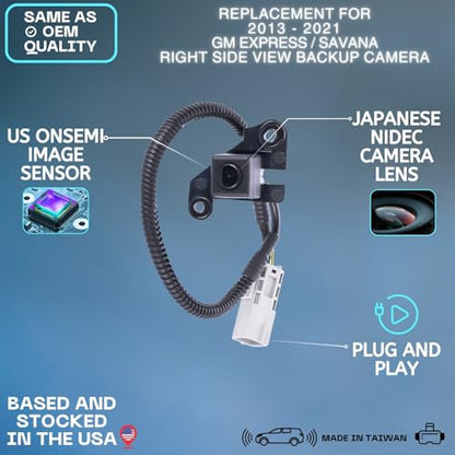 Right Side View Backup Camera Replaces for 2013 2014 2015 2016 2017 2018 2019 2020 2021 2022 2023 Chevy Express/GMC Savana OE Part # 23140731, 22903442