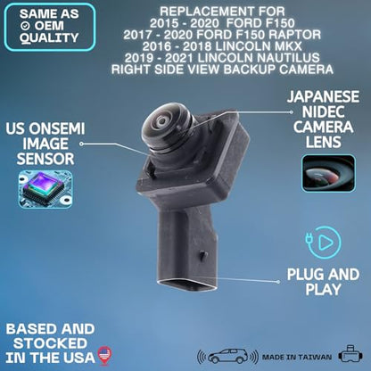 Right Side View Backup Camera Replaces for 2015-2020 Ford F150 Extended Cab/Crew Cab | 2017-2020 Ford F150 Raptor | 2016-2018 Lincoln MKX | 2019-2021 Lincoln Nautilus OE Part # FL3Z19G490AA-R