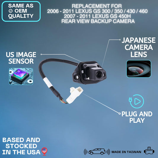 2006 2007 2008 2009 2010 2011 Lexus GS300 GS350 GS430 GS460 GS450h Hybrid Sedan rear trunk lid license plate area mounted reversing rearview wide angle parking assist camera module replacement assembly OE 86790-30030 86790-30031 8679030030 8679030031
