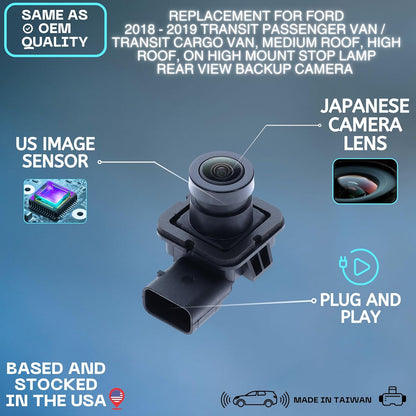 Backup Camera Replaces for 2018 2019 Ford Transit Passenger Van/Cargo Van, Medium Roof, High Roof, on High Mount Stop Lamp OE Part # JK4Z-19G490-A, JK4T-19G490-AB, JK4Z-19G490-F