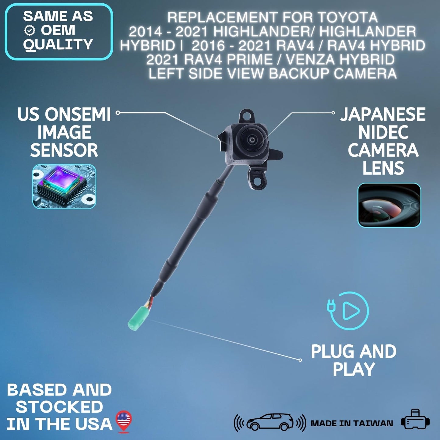 Left Side View Backup Camera Replaces for 2014-2021 Toyota Highlander/Highlander Hybrid | 2016-2021 RAV4 / RAV4 Hybrid | 2021 RAV4 Prime | 2021-2022 Venza Hybrid OE Part # 867900E090 8679048150