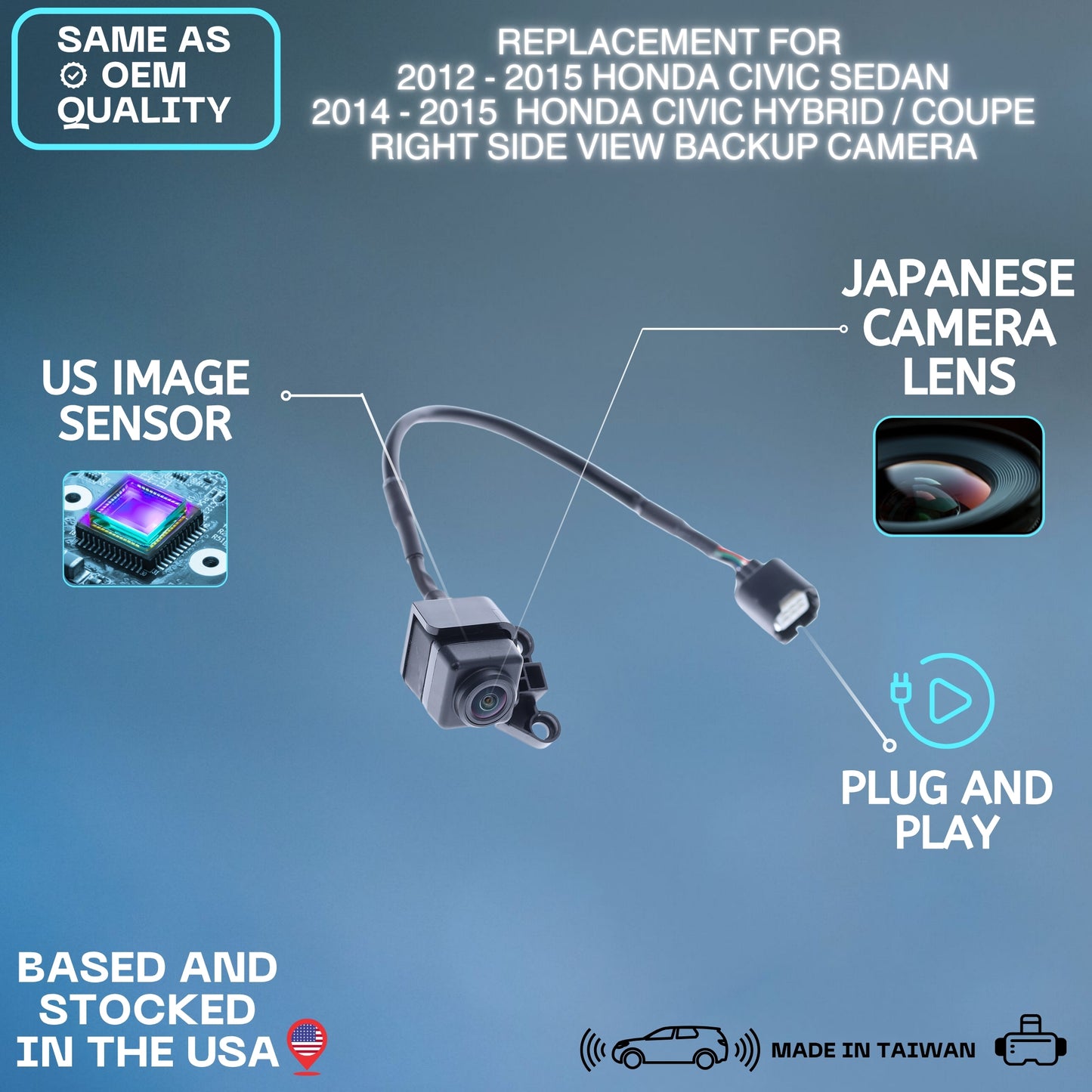 Right Side View Backup Camera Replaces for 2012-2015 Honda Civic Sedan | 2014-2015 Honda Civic Hybrid/Coupe OE Part # 36580-TR3-A01, 36580-TS8-A01 (36580TR3A01, 36580TS8A01)