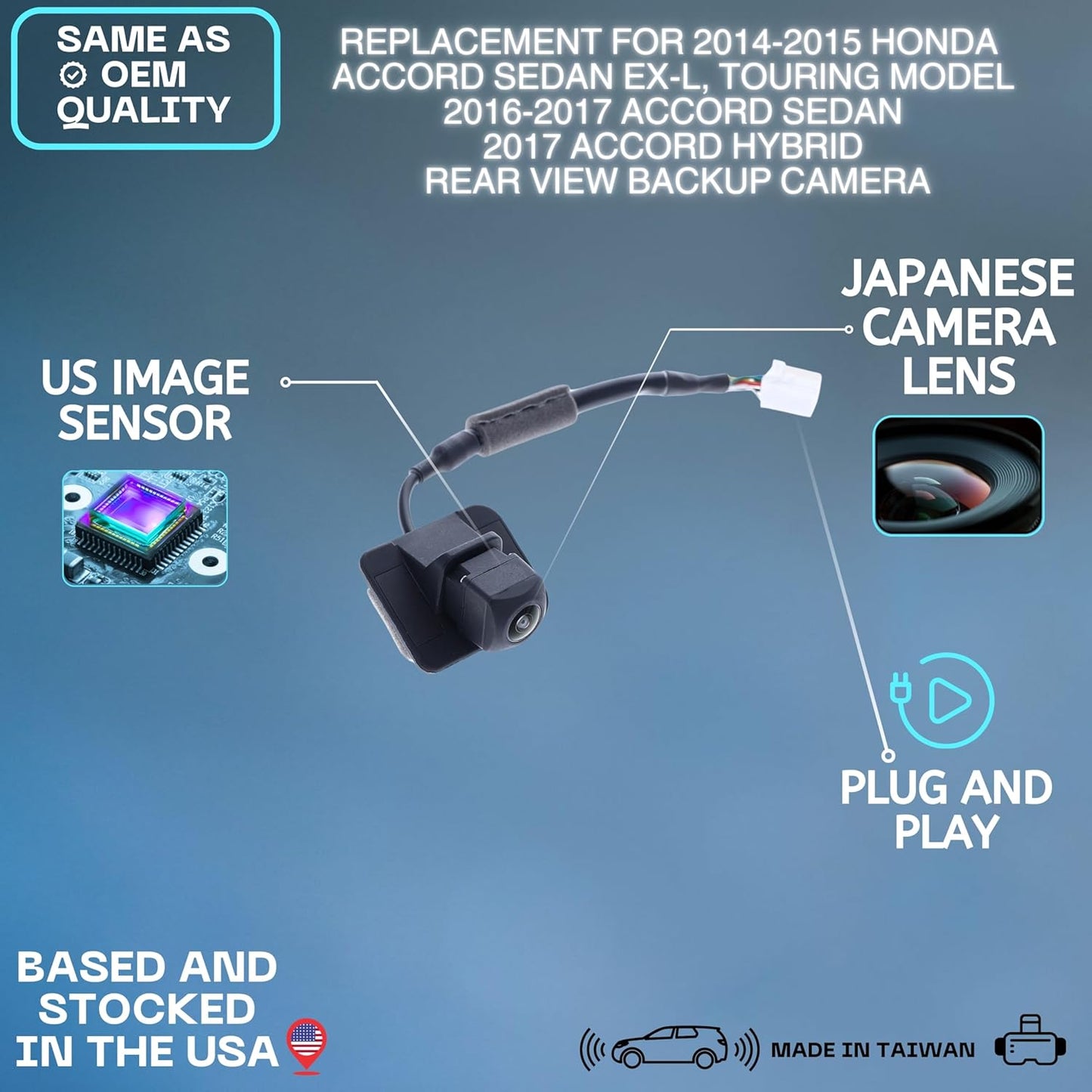 Backup Camera Replaces for 2014-2015 Honda Accord Sedan EX-L, Touring Model | 2016-2017 Accord Sedan | 2017 Accord Hybrid OE Part # 39530-T2A-A21, 39530-T2A-A31, 39530-T2A-A41