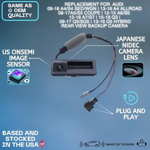 Backup Camera Replaces for Audi 09-16 A4/S4 SED/WGN | 13-16 A4 ALLROAD | 08-17 A5/S5 Coupe | 12-15 A6/S6 | 12-18 A7/S7 | 15-18 Q3 | 09-17 Q5/SQ5 | 13-16 Q5 Hybrid | 14-18 RS7 OE Part # 5N0827566AA